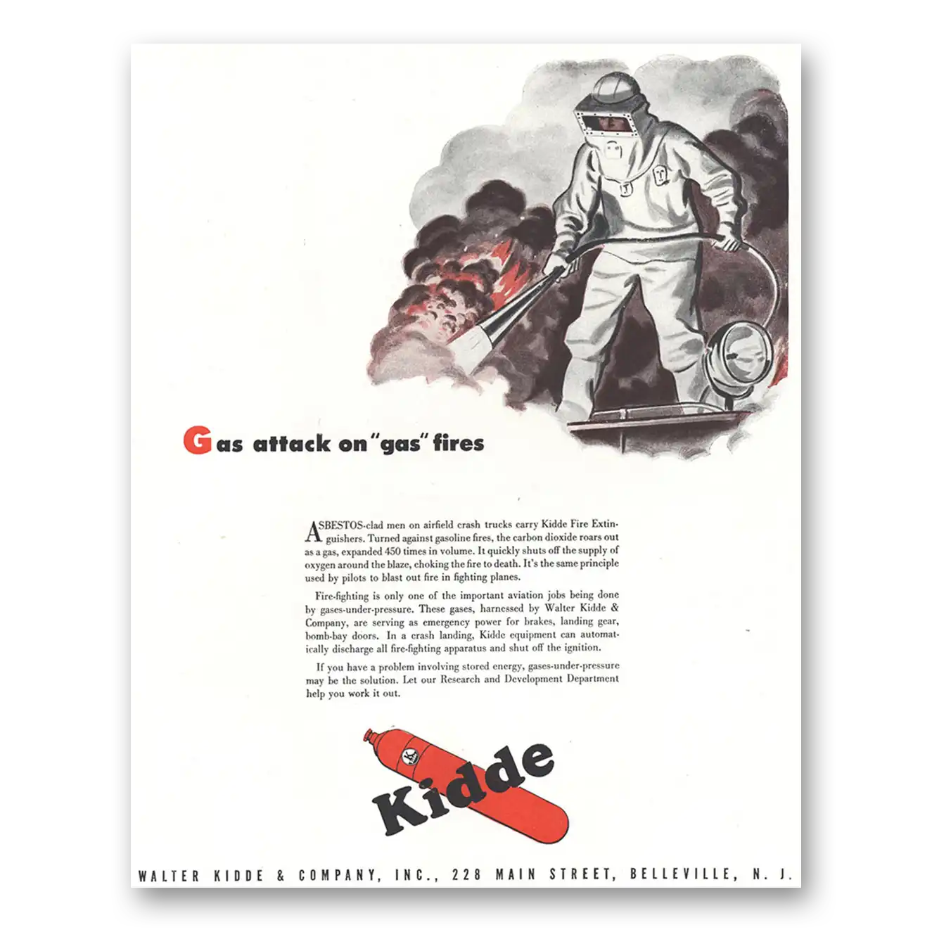 1944 Walter Kidde Fire Extinguisher Gas Attack on Gas Fires Vintage Magazine Print Ad