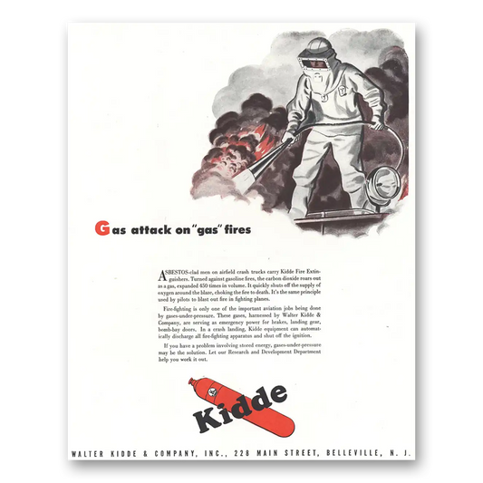 1944 Walter Kidde Fire Extinguisher Gas Attack on Gas Fires Vintage Magazine Print Ad