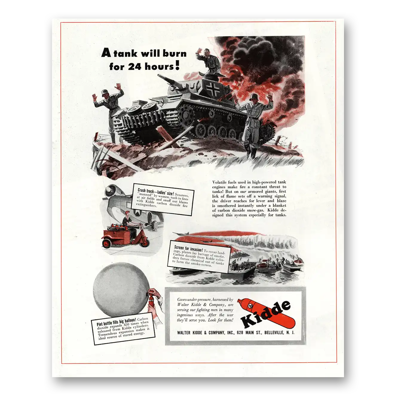 1944 Walter Kidde Fire Extinguisher Tank Will Burn for 24 Hours Vintage Magazine Print Ad