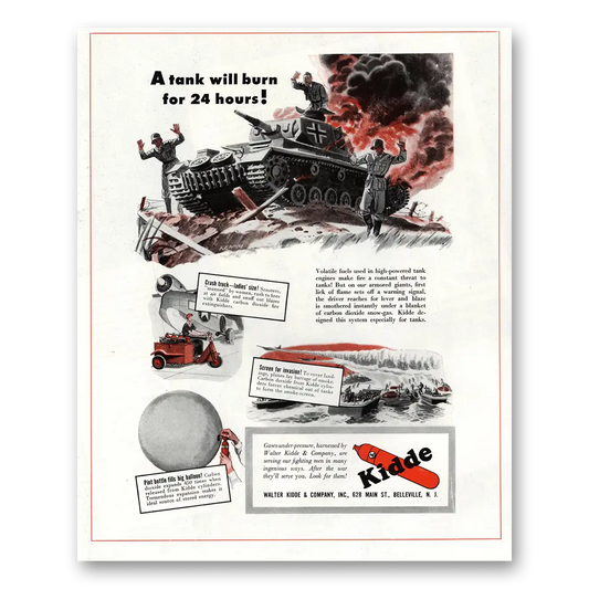 1944 Walter Kidde Fire Extinguisher Tank Will Burn for 24 Hours Vintage Magazine Print Ad