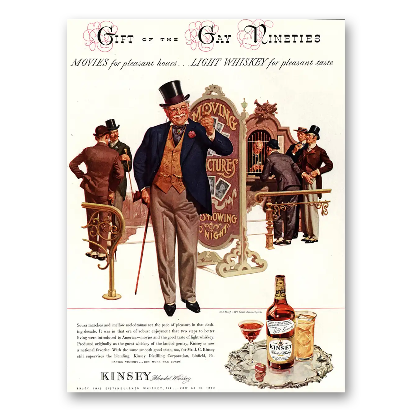 1944 Kinsey Whiskey Gift of the Gay Nineties Vintage Magazine Print Ad