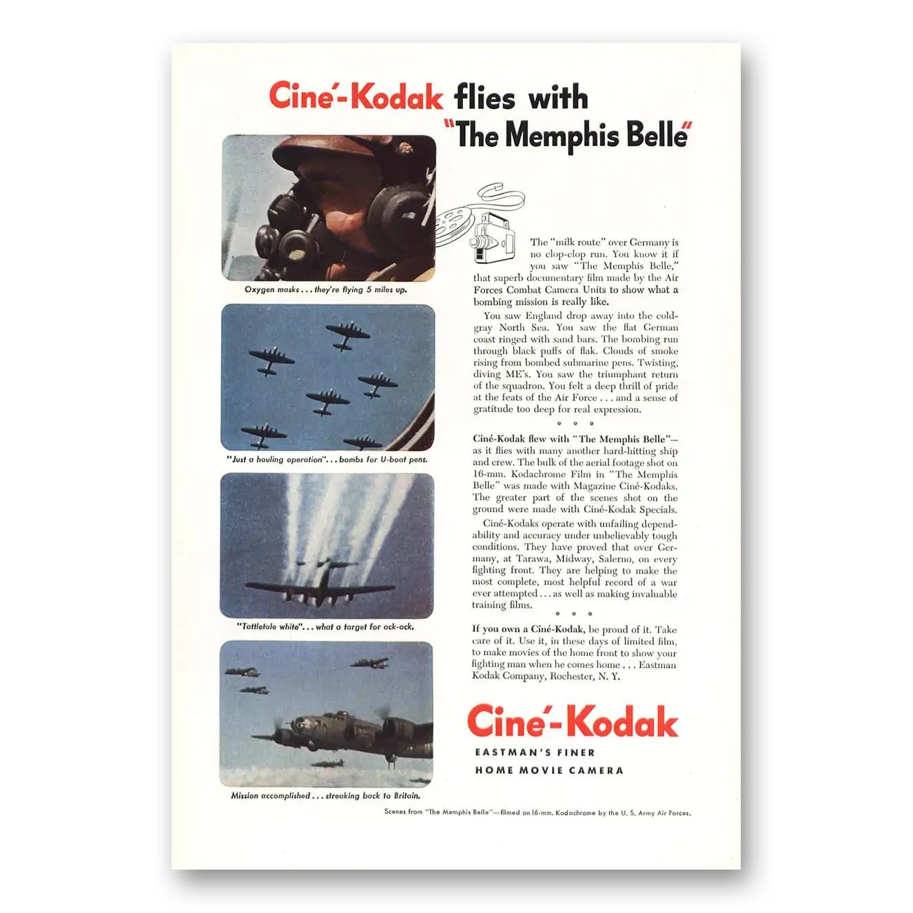 1944 Cine Kodak Camera Flies With The Memphis Belle Vintage Magazine Print Ad