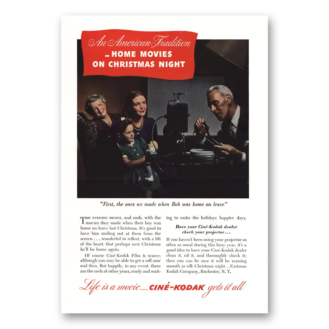 1944 Cine Kodak Projector Home Movies on Christmas Night Vintage Magazine Print Ad