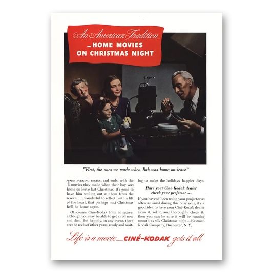 1944 Cine Kodak Projector Home Movies on Christmas Night Vintage Magazine Print Ad