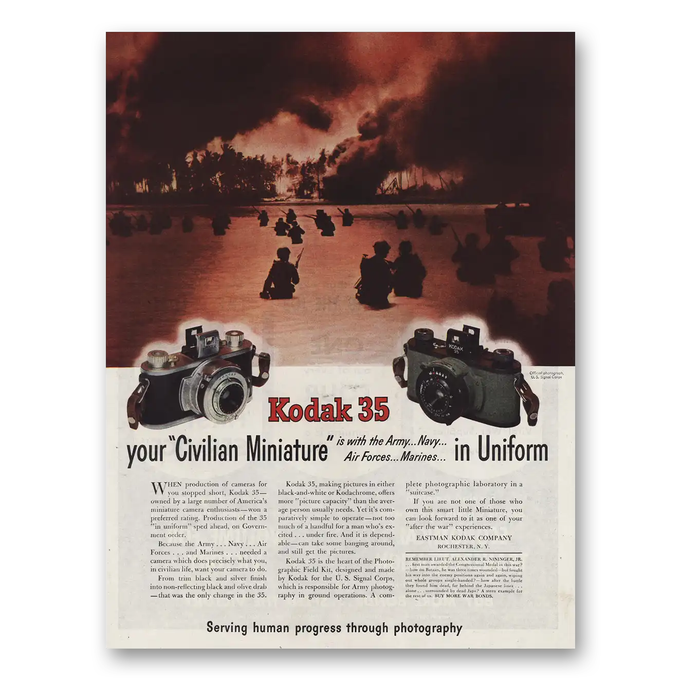 1944 Kodak Automatic 35 Camera Civilian Miniature Vintage Magazine Print Ad