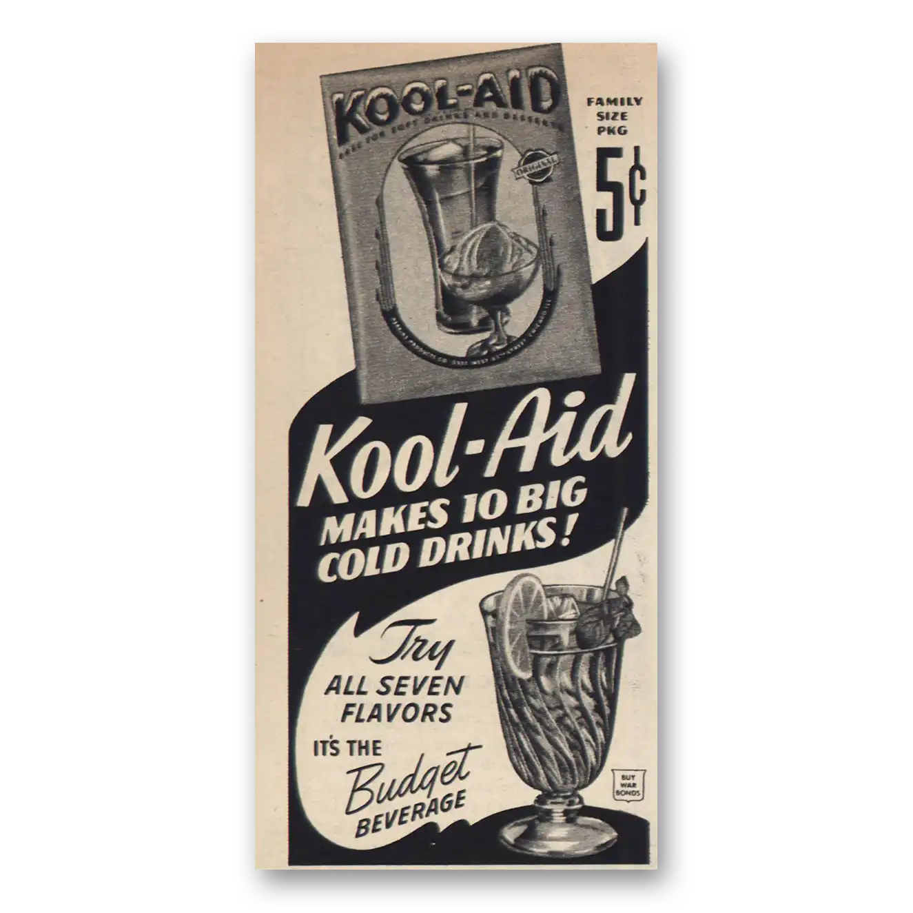 1944 Kool Aid Makes Big Cold Drinks Vintage Magazine Print Ad