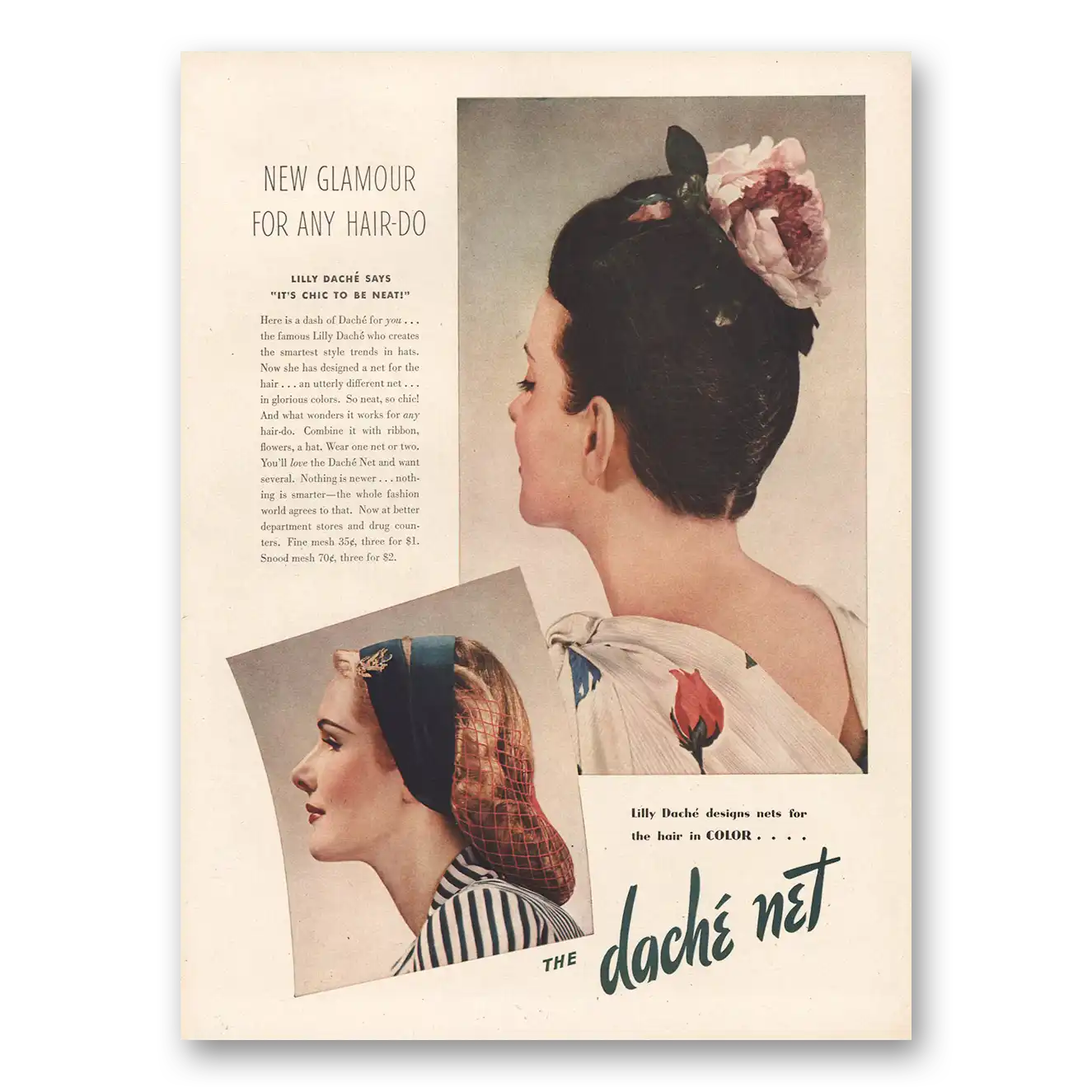 1944 Lilly Dache Glamour Any Hair Do Vintage Magazine Print Ad