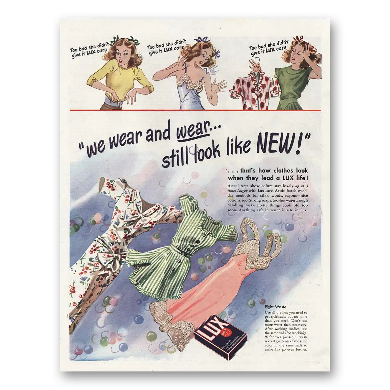 1944 Lux Soap We Wear and Wear Still Look Like New Vintage Magazine Print Ad