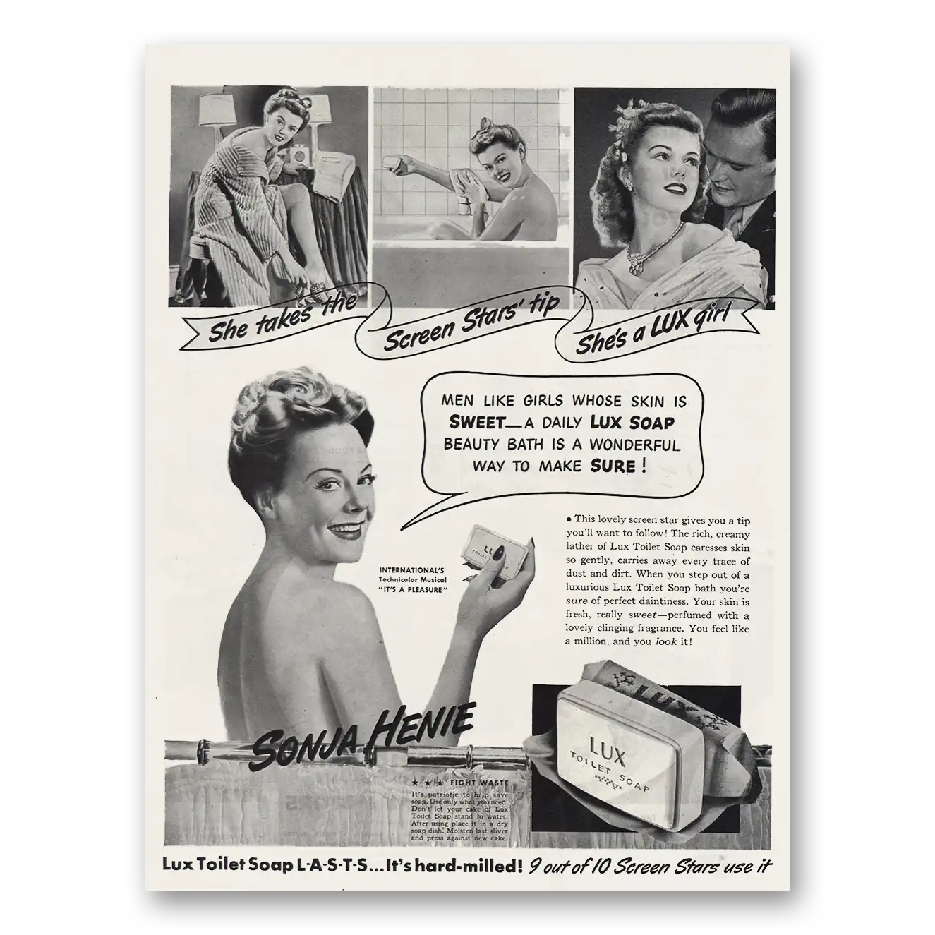 1944 Lux Toilet Soap Sonja Henie Screen Stars Tip Vintage Magazine Print Ad