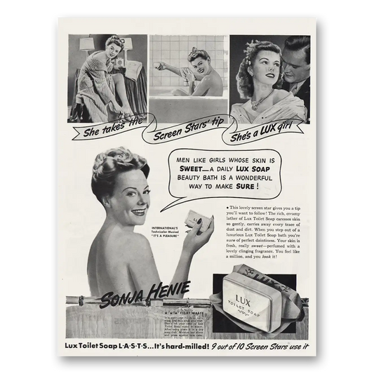 1944 Lux Toilet Soap Sonja Henie Screen Stars Tip Vintage Magazine Print Ad