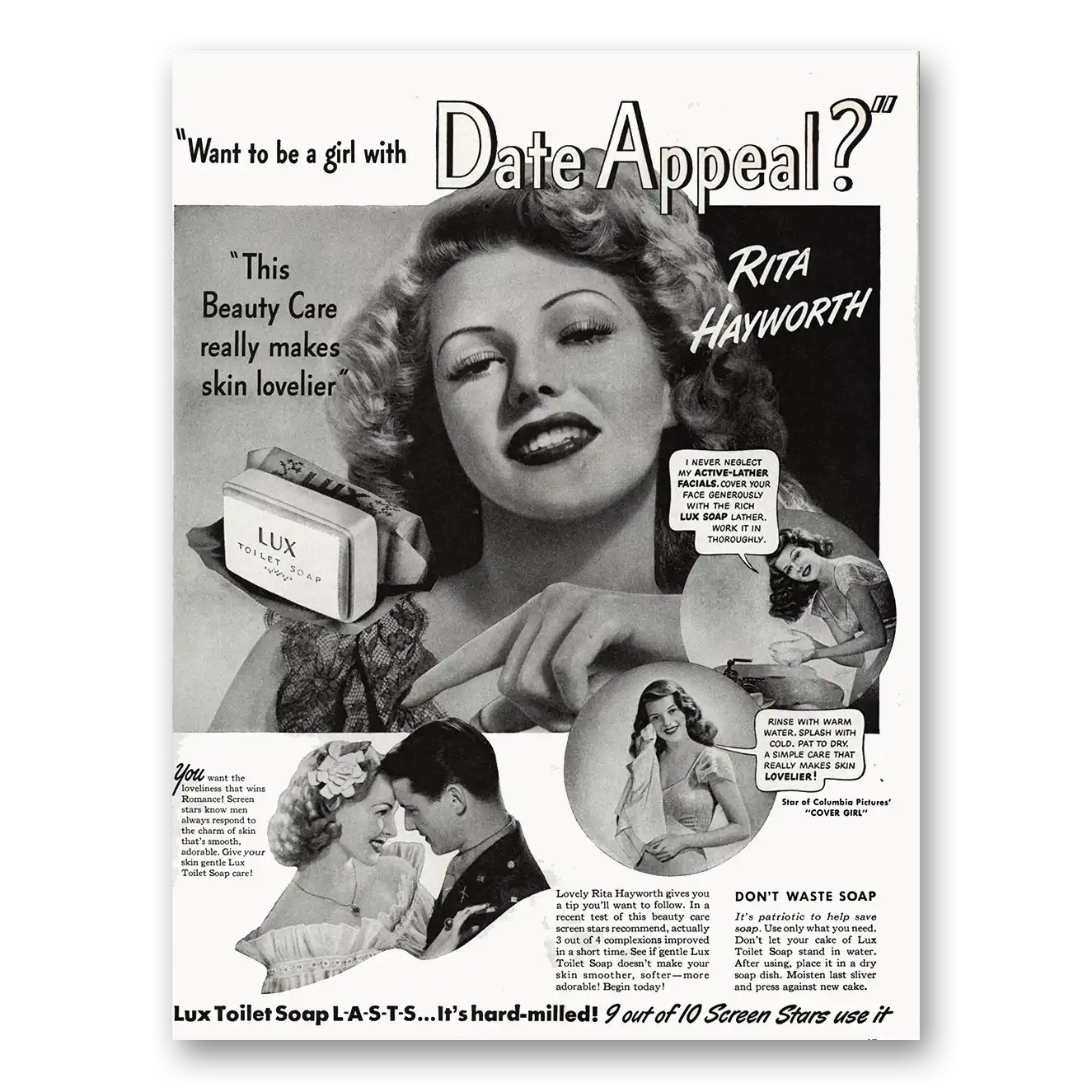 1944 Lux Soap Date Appeal Rita Hayworth Vintage Magazine Print Ad