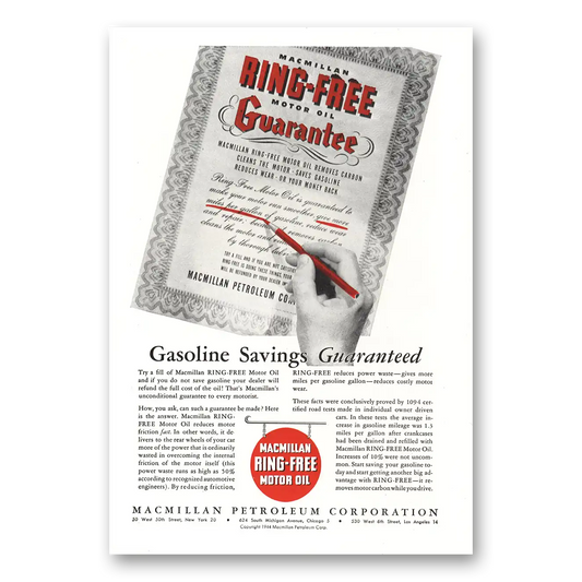 1944 Macmillan Oil Ring Free Motor Oil Gasoline Savings Guaranteed Vintage Magazine Print Ad