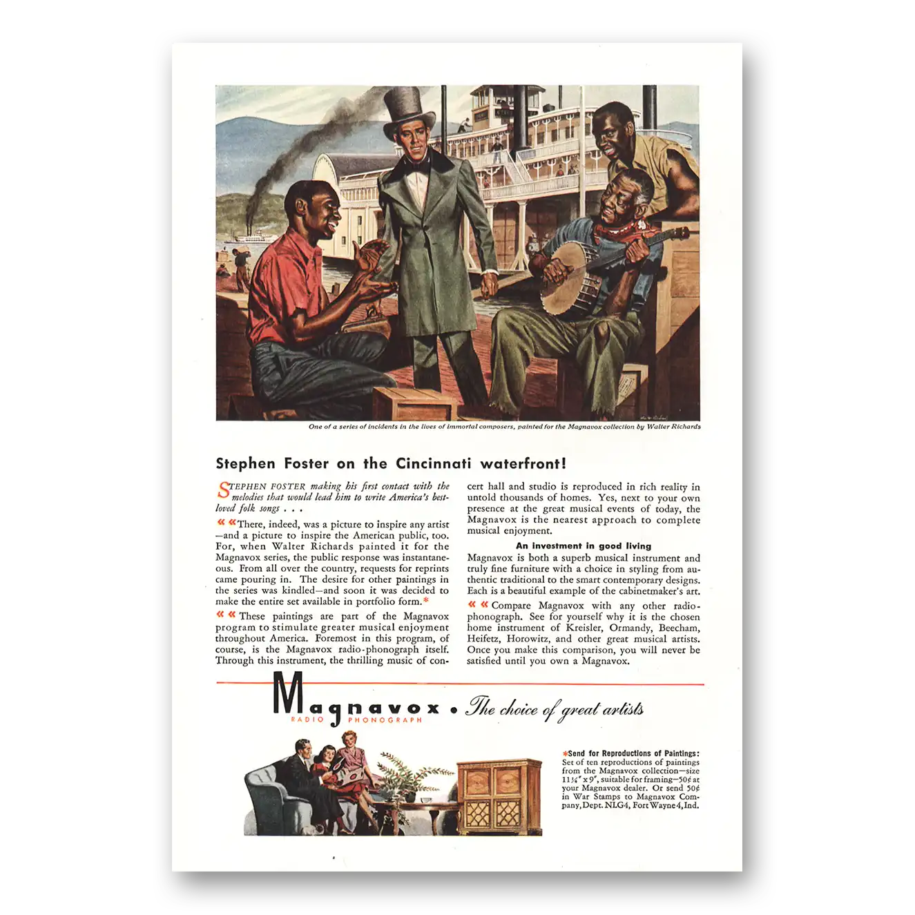 1944 Magnavox Radio Phonograph Stephen Foster Cincinnati Waterfront Vintage Magazine Print Ad