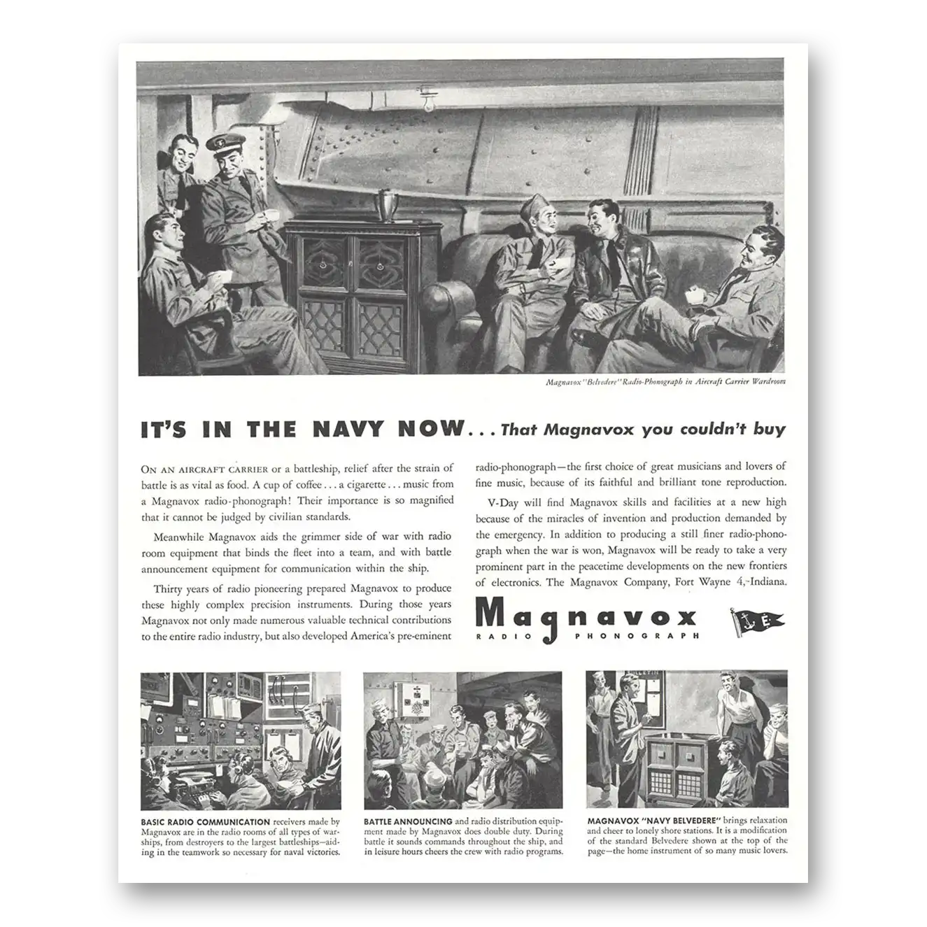 1944 Magnavox Radio Phonograph Navy Now Vintage Magazine Print Ad