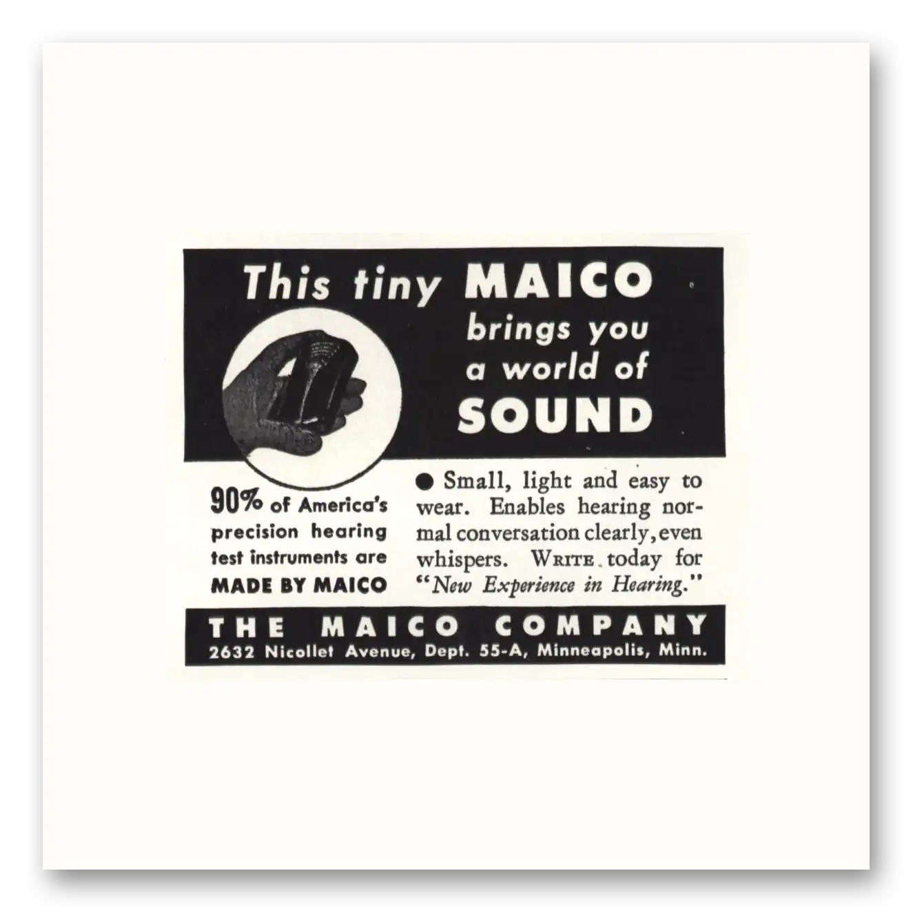 1944 Maico Hearing Aid Tiny Maico Bring You World of Sound Vintage Magazine Print Ad