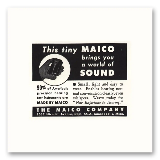 1944 Maico Hearing Aid Tiny Maico Bring You World of Sound Vintage Magazine Print Ad