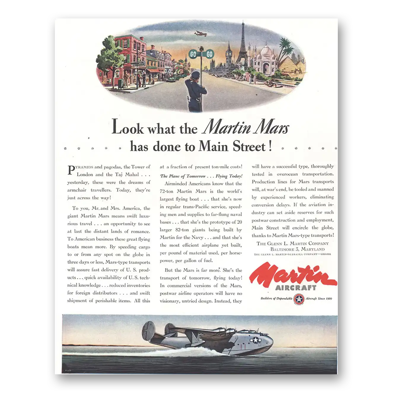 1944 Martin Mars Flying Boat Has Done to Main Street Vintage Magazine Print Ad