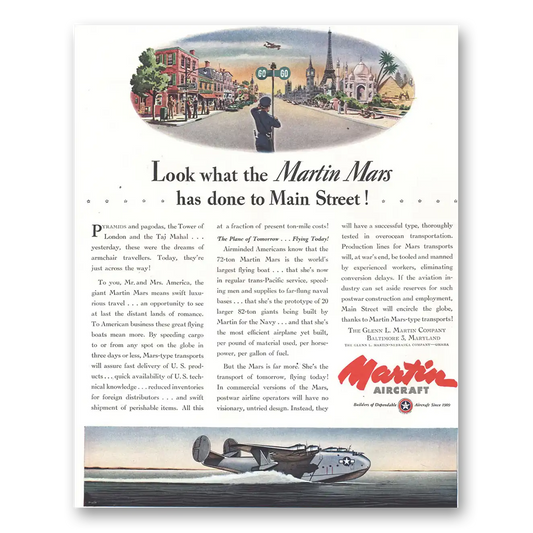 1944 Martin Mars Flying Boat Has Done to Main Street Vintage Magazine Print Ad