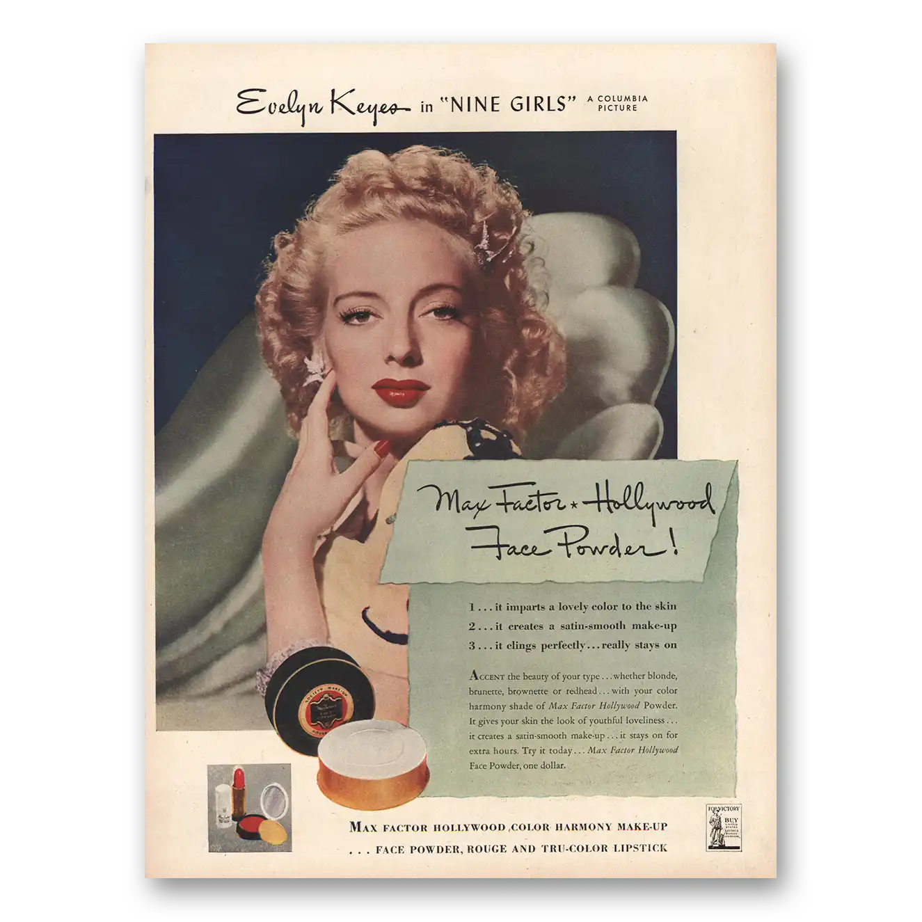 1944 Max Factor Face Powder Evelyn Keyes Nine Girls Vintage Magazine Print Ad