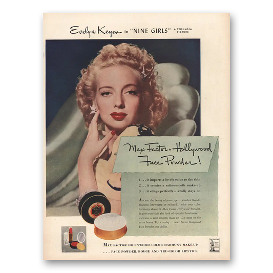 1944 Max Factor Face Powder Evelyn Keyes Nine Girls Vintage Magazine Print Ad