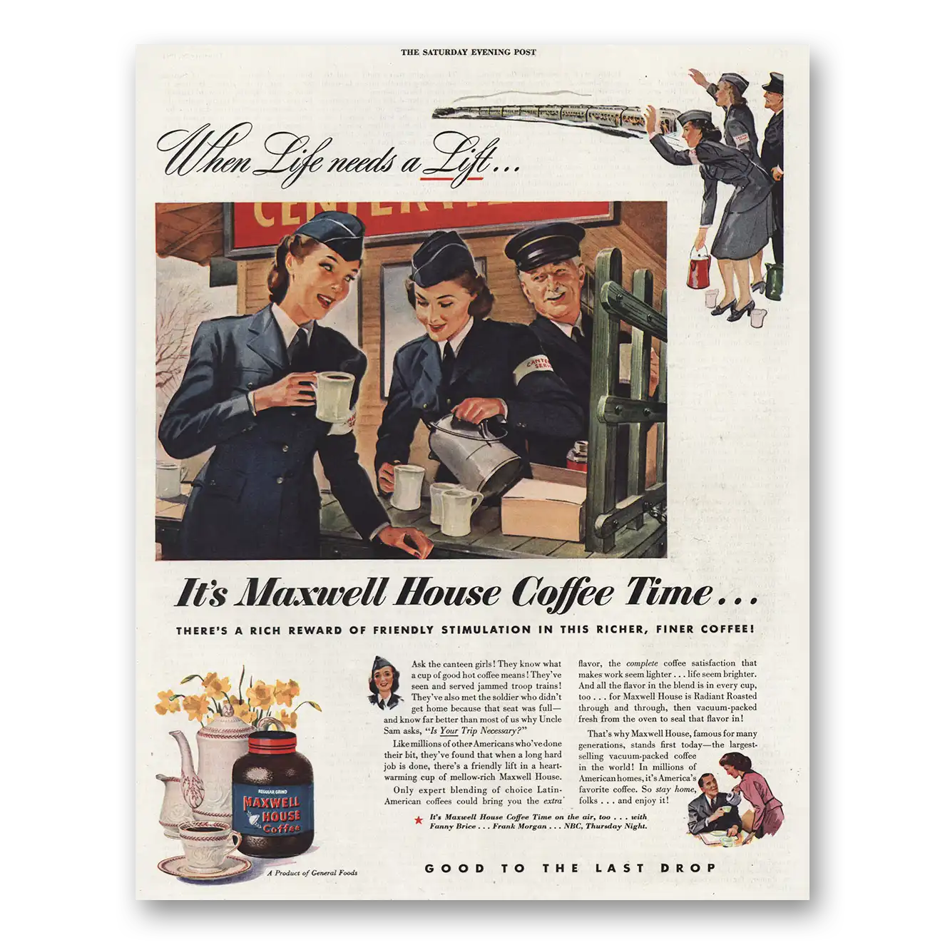 1944 Maxwell House Coffee Life Needs Lift Vintage Magazine Print Ad