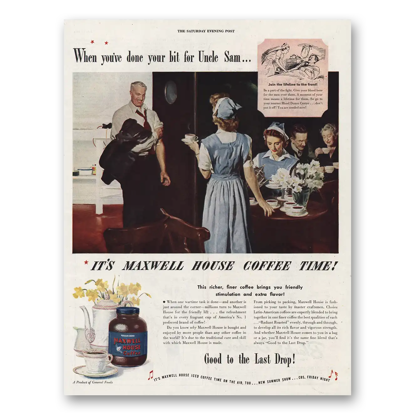 1944 Maxwell House Coffee Done Your Bit for Uncle Sam Vintage Magazine Print Ad