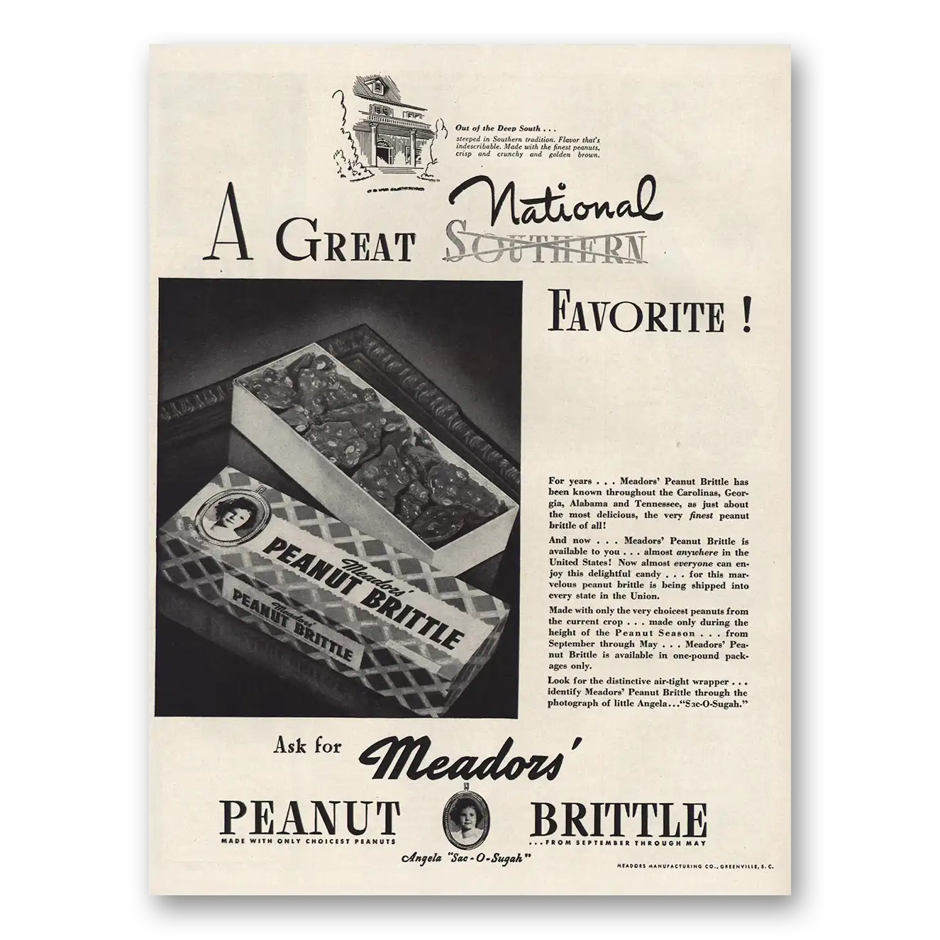 1944 Meadors Peanut Brittle Great National Favorite Vintage Magazine Print Ad