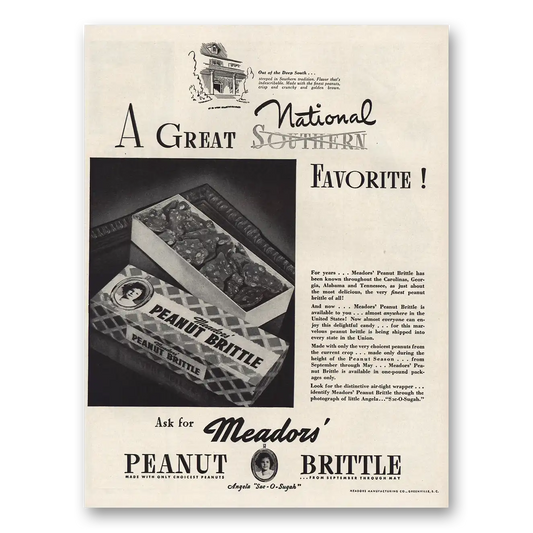 1944 Meadors Peanut Brittle Great National Favorite Vintage Magazine Print Ad