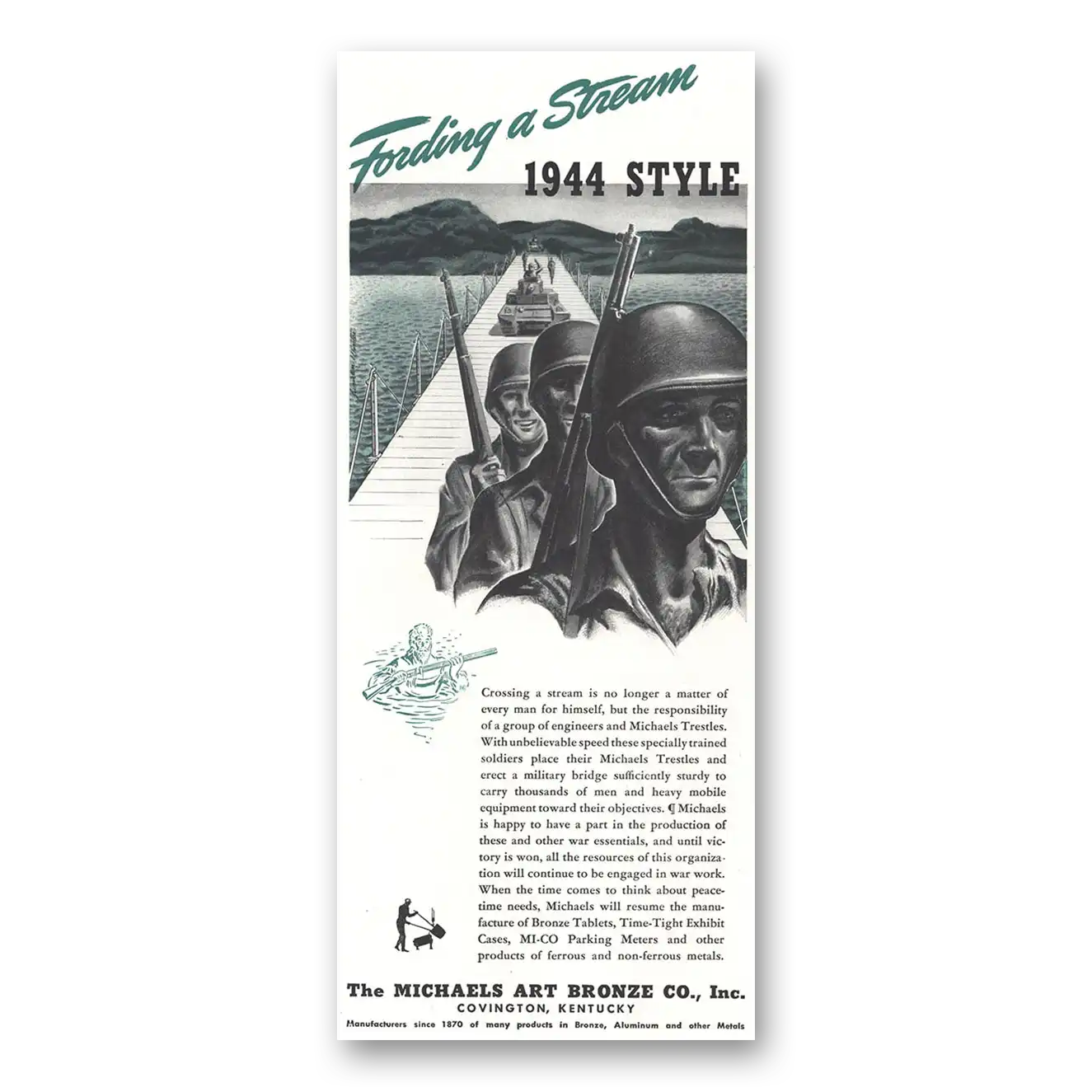 1944 Michaels Art Bronze Fording a Stream Style Vintage Magazine Print Ad