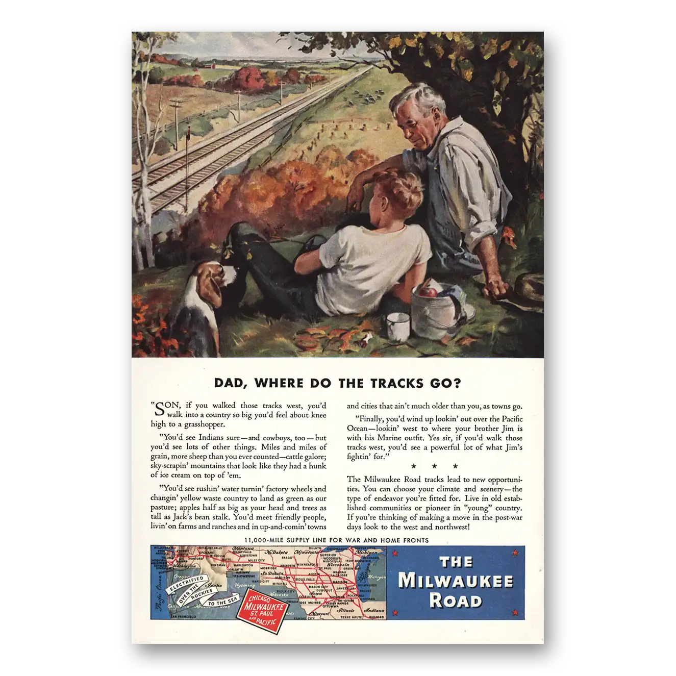 1944 Milwaukee Road Dad Where Do the Tracks Go Vintage Magazine Print Ad