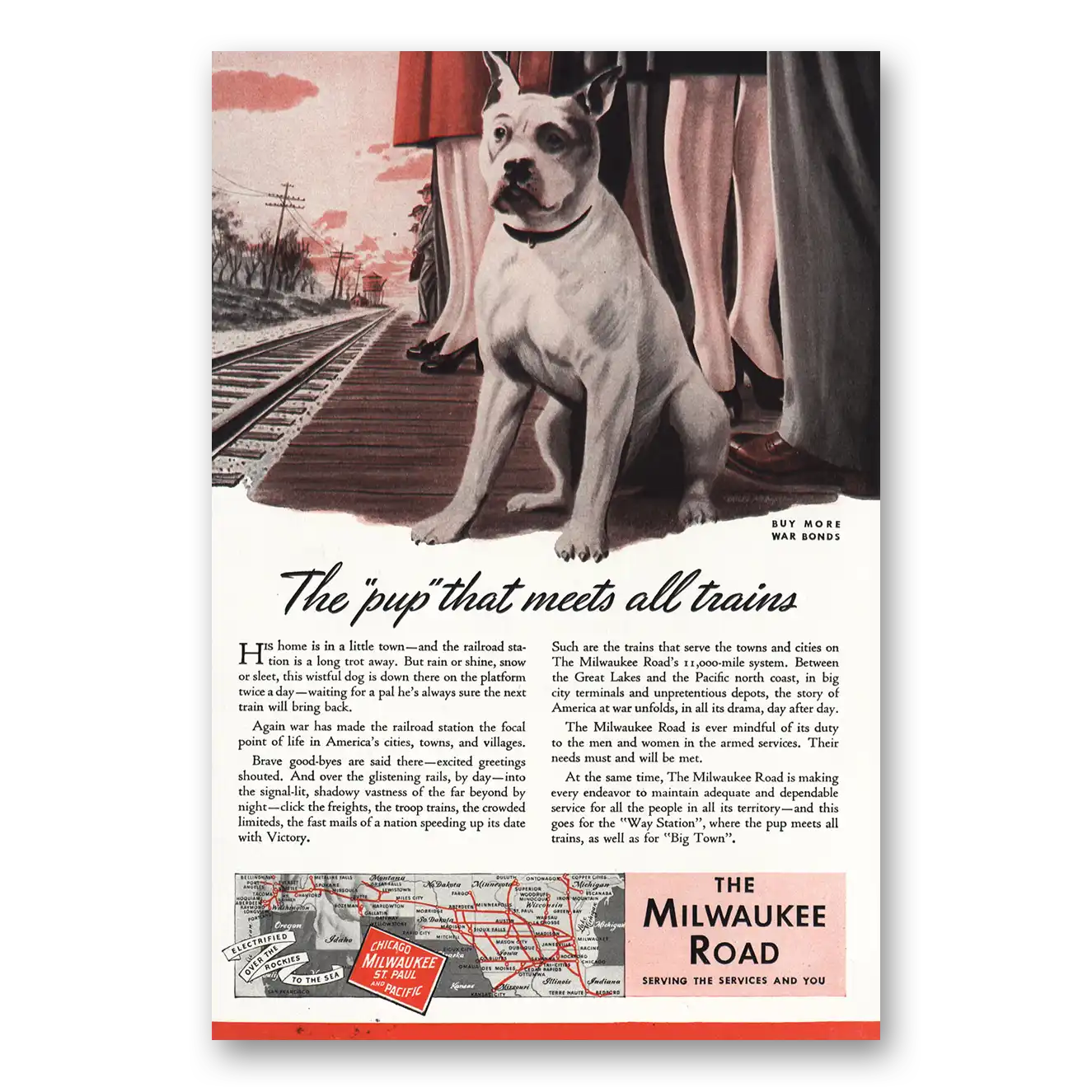 1944 Milwaukee Road Pup That Meets All Trains Vintage Magazine Print Ad