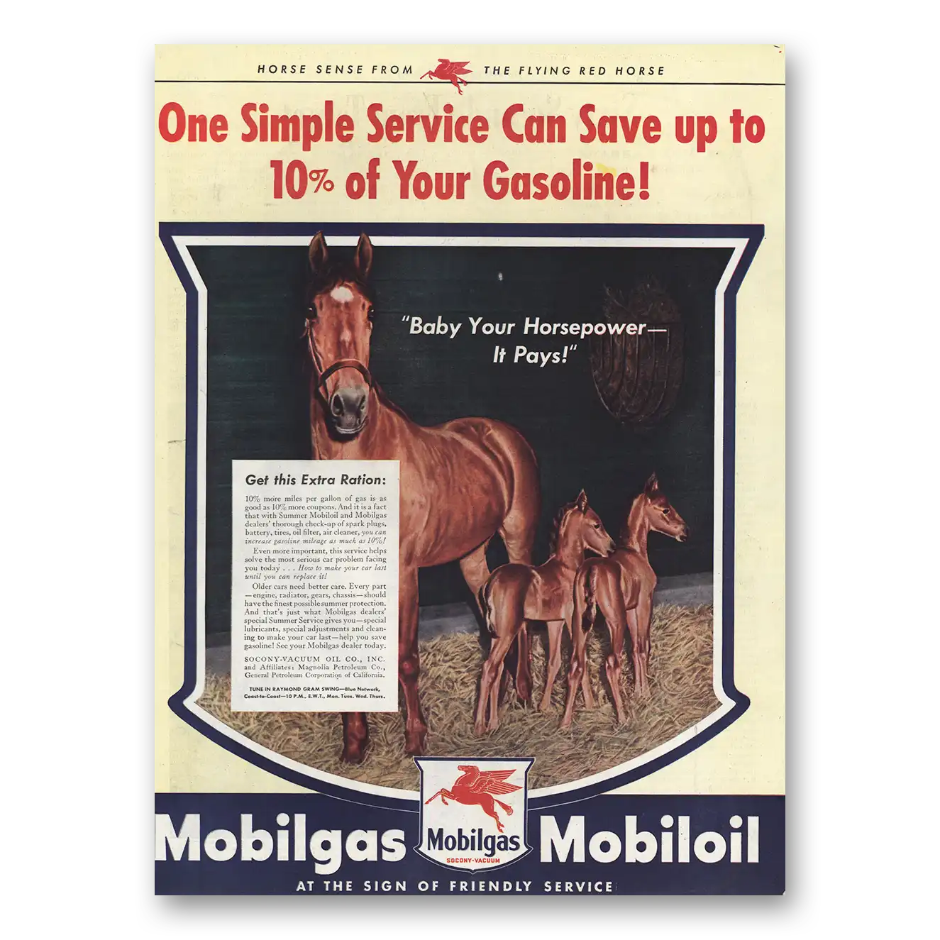 1944 Mobilgas One Simple Service Vintage Magazine Print Ad