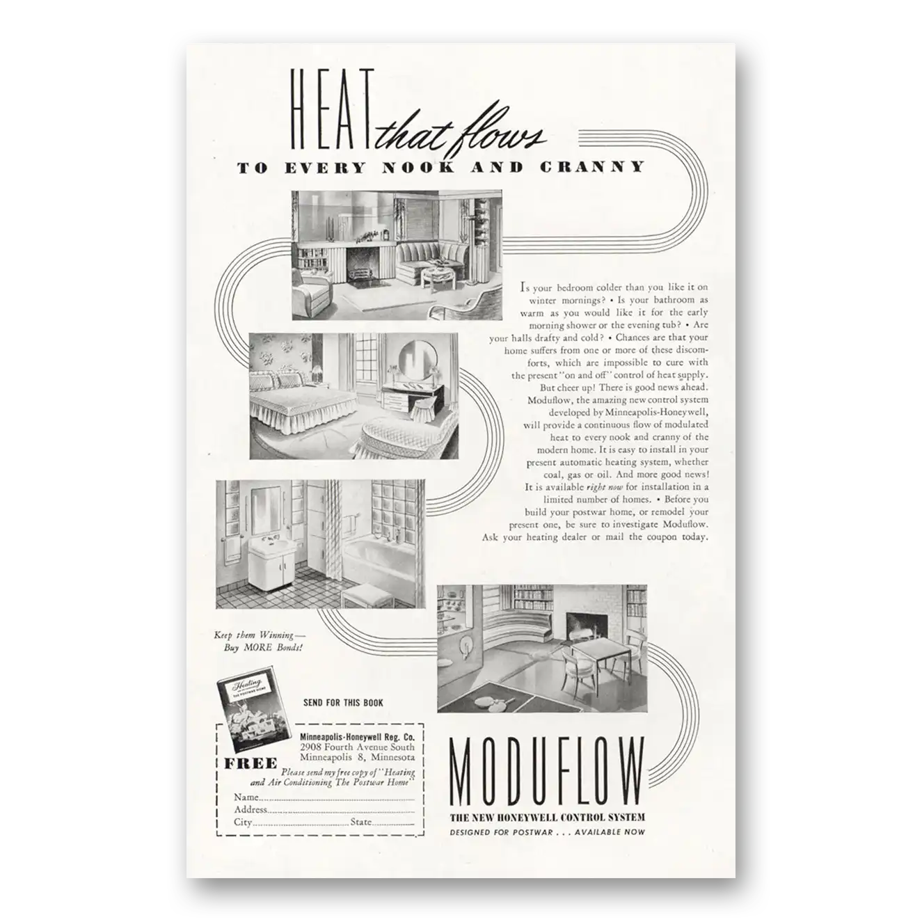 1944 Moduflow Heat That Flows to Every Nook and Cranny Vintage Magazine Print Ad