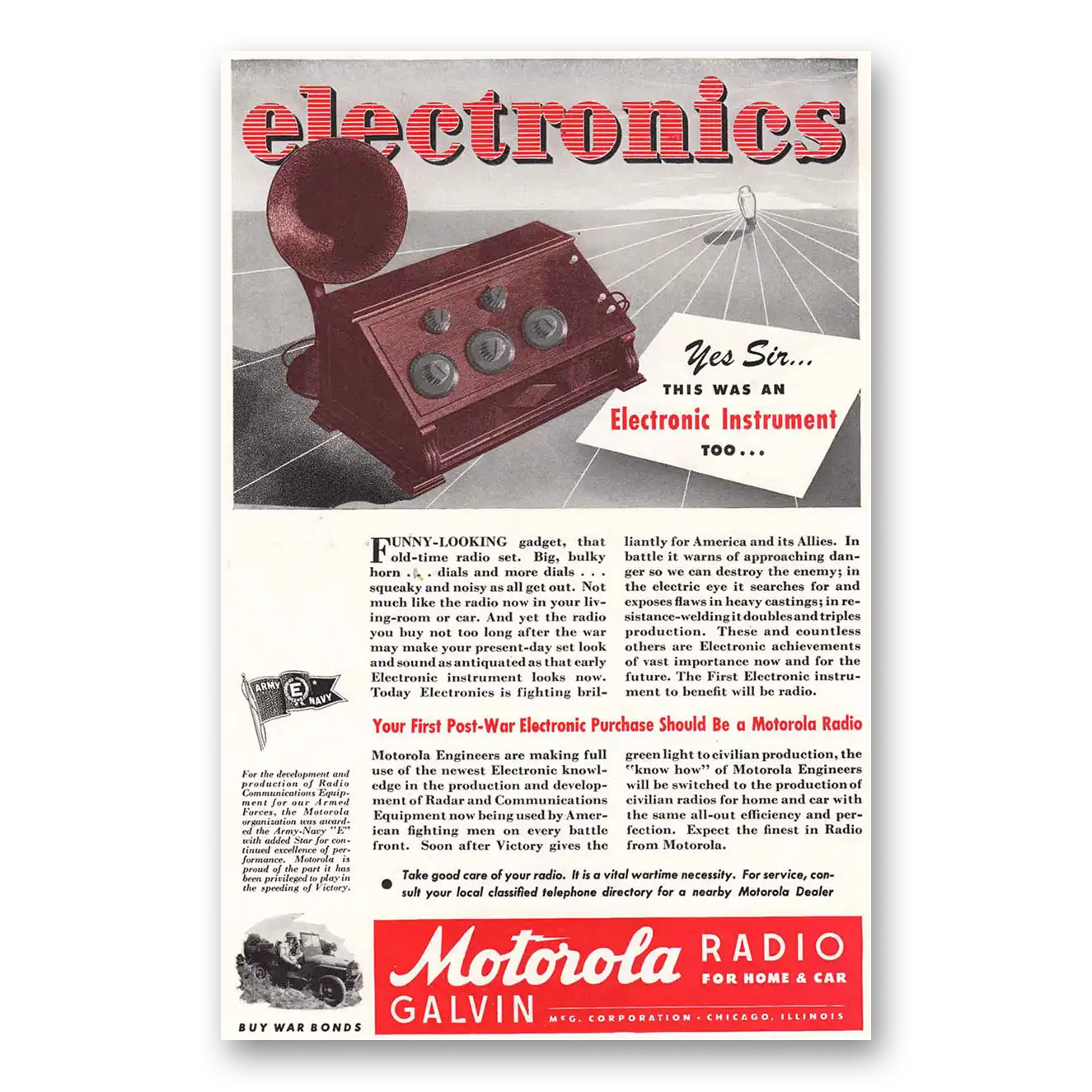 1944 Motorola Radio Electronics Yes Sir This Was an Electronic Instrument Vintage Magazine Print Ad