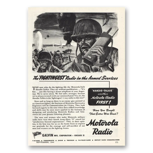 1944 Motorola Radio Fightingest Radio In the Armed Services Vintage Magazine Print Ad