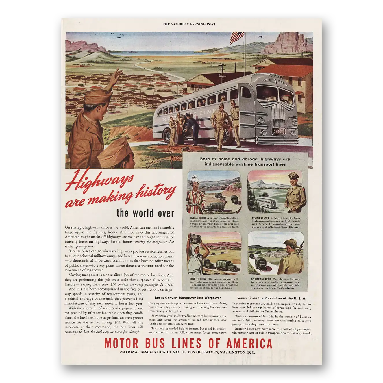 1944 Motor Bus Lines of America Highways Are Making History Vintage Magazine Print Ad