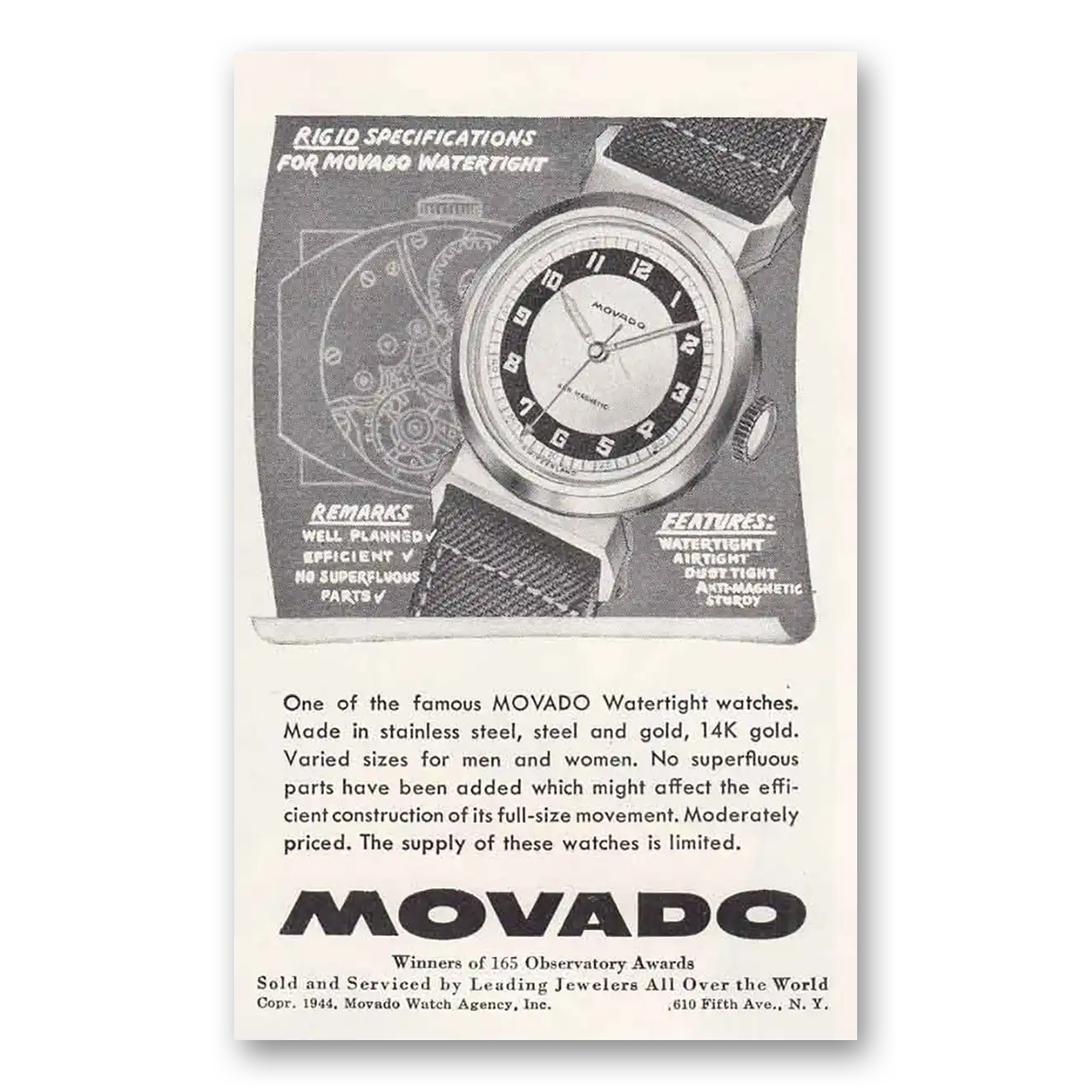 1944 Movado Watch Rigid Specifications Vintage Magazine Print Ad