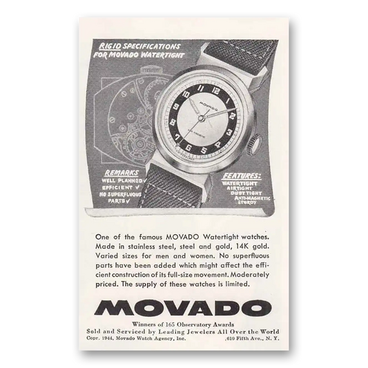 1944 Movado Watch Rigid Specifications Vintage Magazine Print Ad