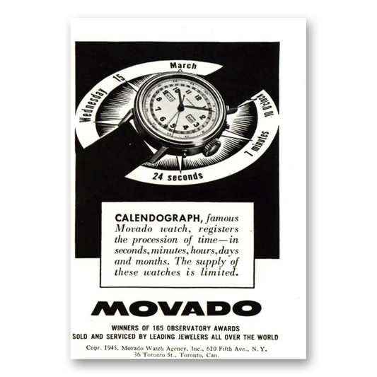 1944 Movado Watch Calendograph Registers the Procession of Time Vintage Magazine Print Ad