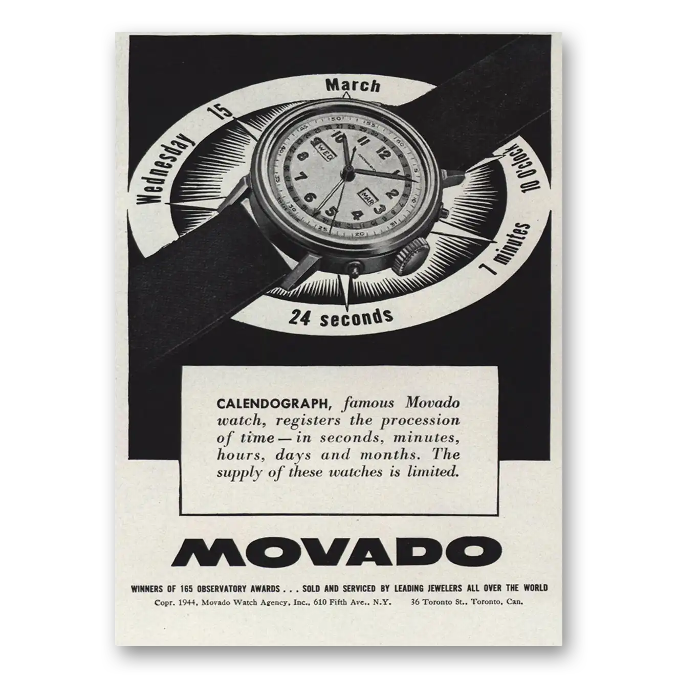 1944 Movado Watch Calendograph Procession of Time Vintage Magazine Print Ad