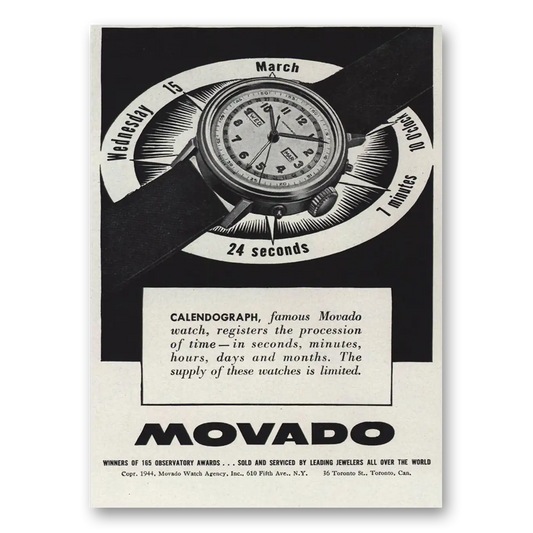 1944 Movado Watch Calendograph Procession of Time Vintage Magazine Print Ad