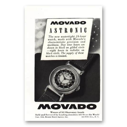 1944 Movado Watch Astronic Watertight 24 Hour Watch Vintage Magazine Print Ad