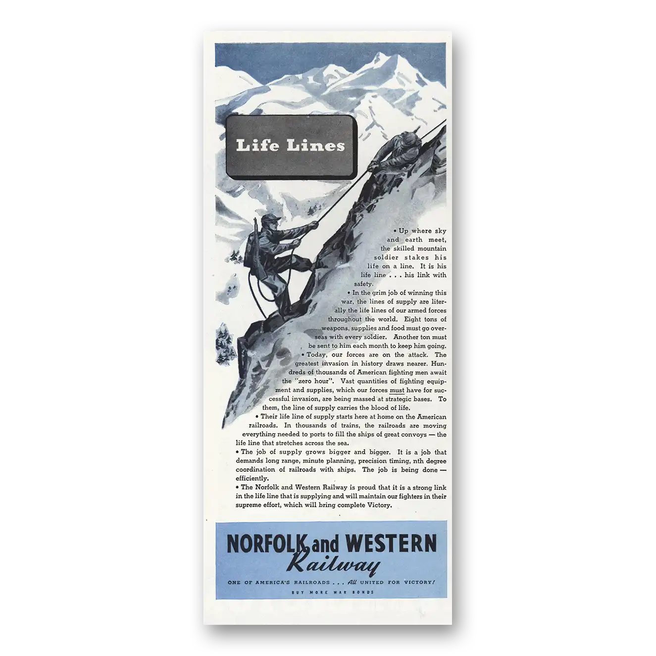 1944 Norfolk and Western Railway Life Lines Vintage Magazine Print Ad