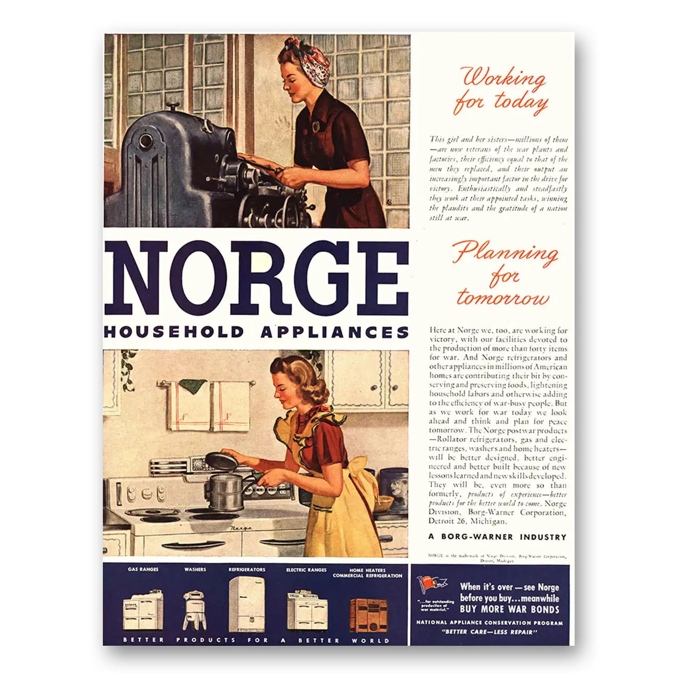 1944 Norge Appliances Working for Today Planning for Tomorrow Vintage Magazine Print Ad