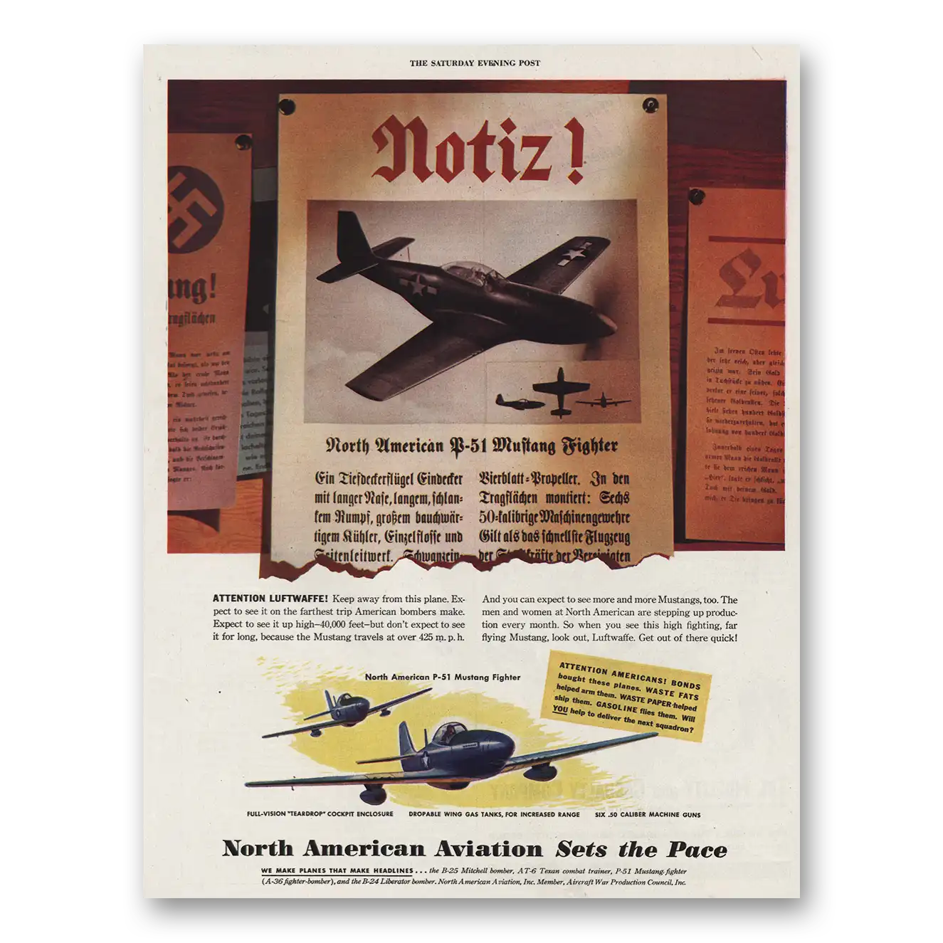 1944 North American Aviation Notiz Attention Luftwaffe Vintage Magazine Print Ad