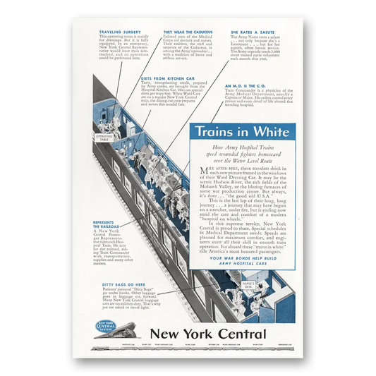 1944 New York Central Trains in White Vintage Magazine Print Ad