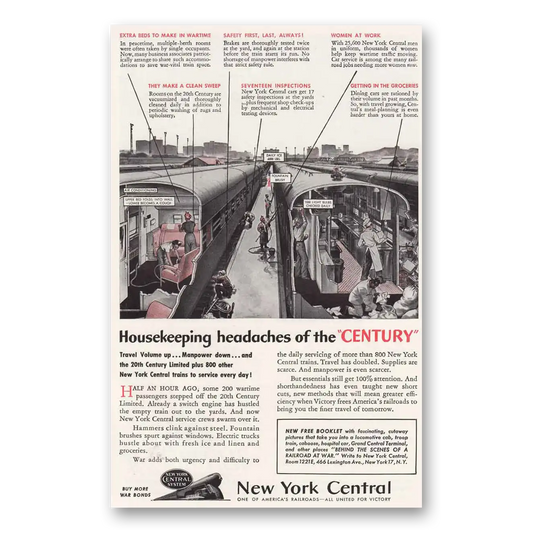 1944 New York Central Housekeeping Headaches of the Century Vintage Magazine Print Ad