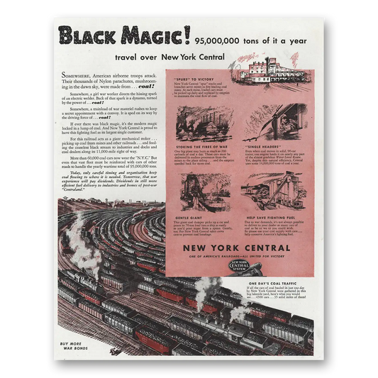 1944 New York Central Black Magic Tons of It Vintage Magazine Print Ad