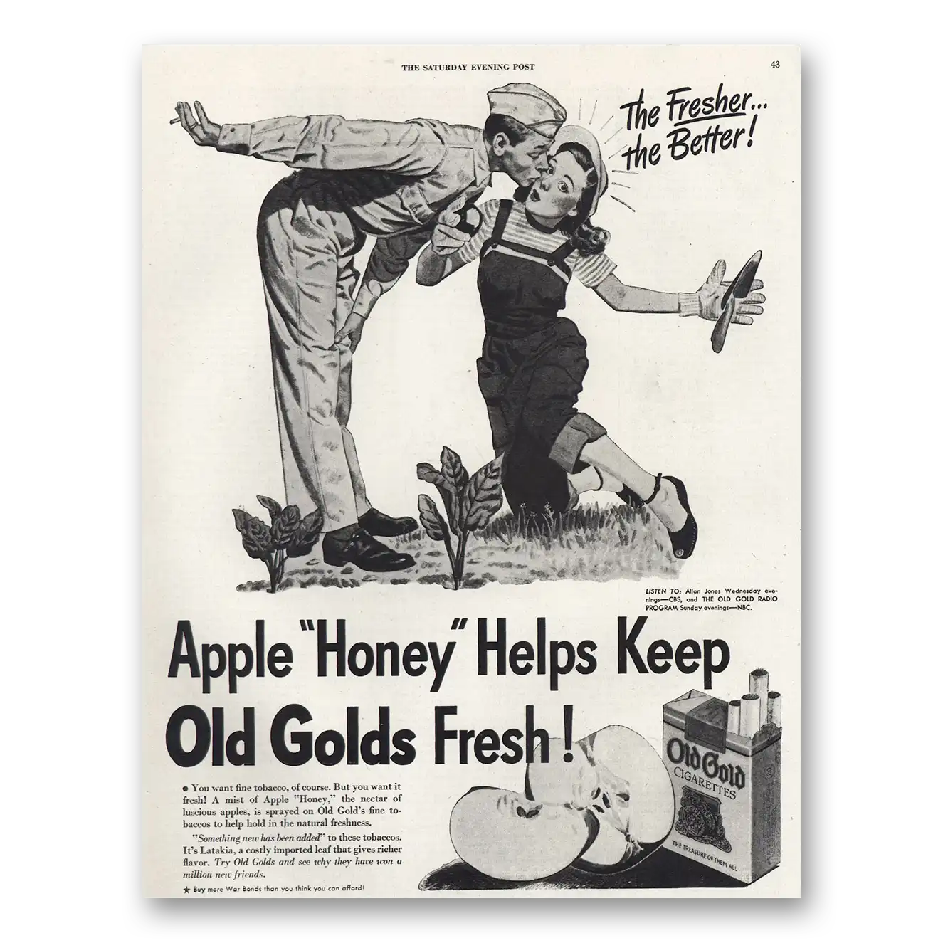 1944 Old Gold Cigarettes Apple Honey Vintage Magazine Print Ad