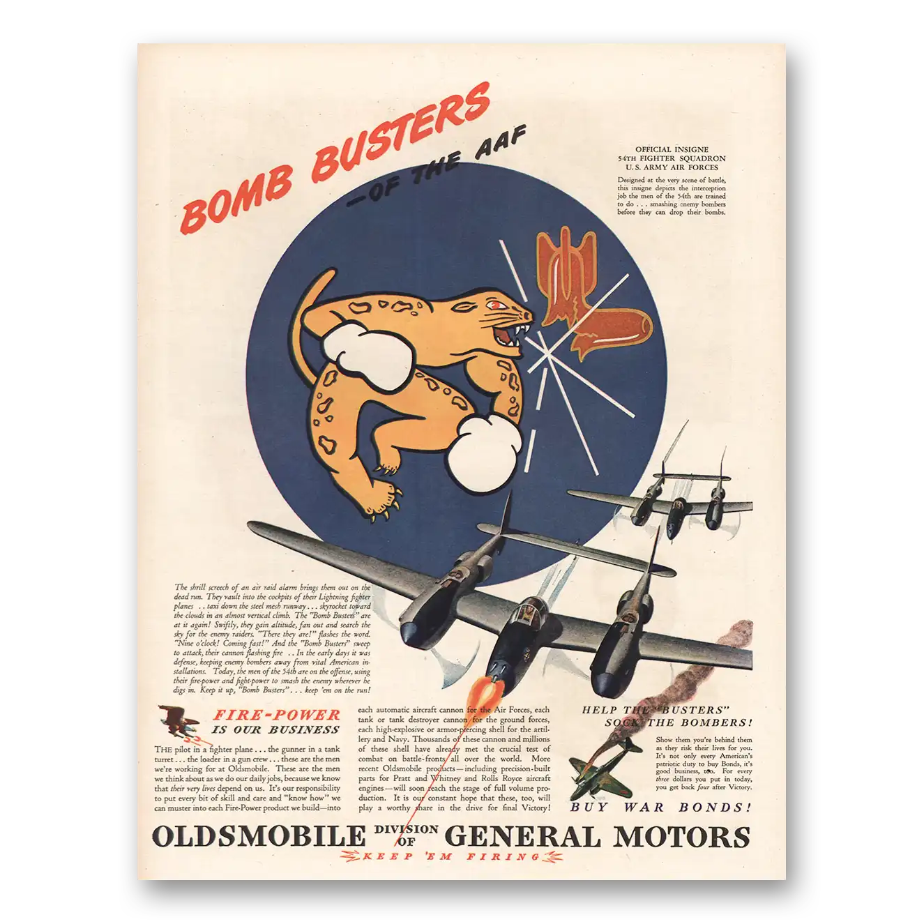 1944 Oldsmobile Bomb Busters Of the AAF Vintage Magazine Print Ad